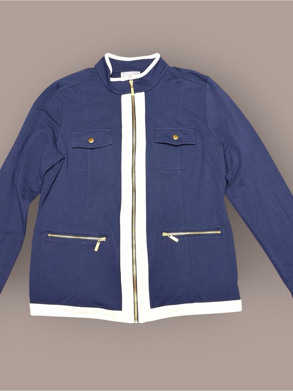 JM Collection Navy White Zip Jacket M Gold Hardware Nautical Preppy